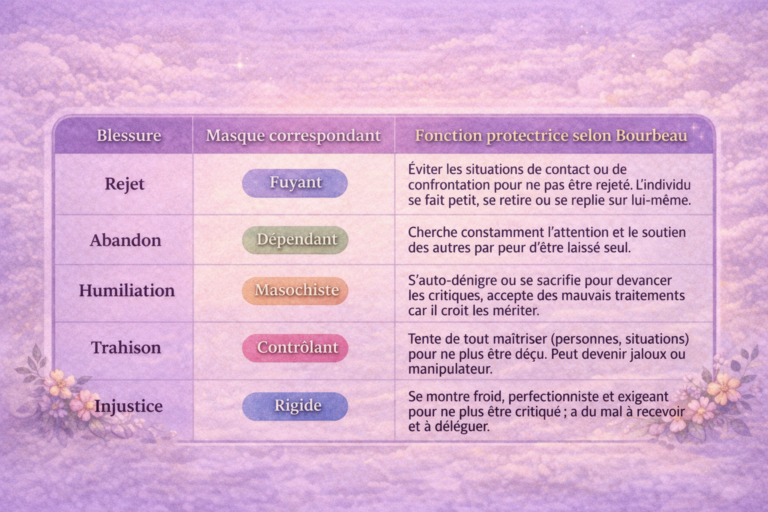 blessures d’enfance : le rejet, l’abandon, l’humiliation, la trahison et l’injustice