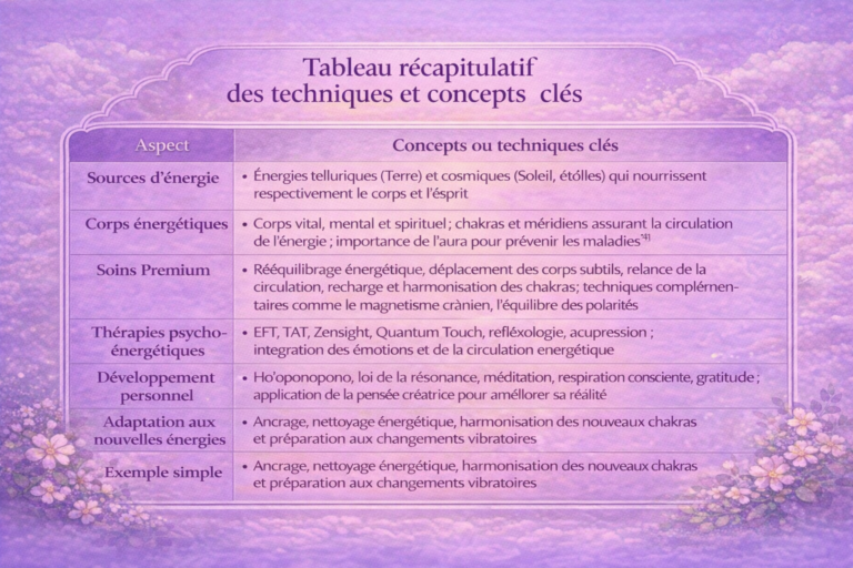 tableau récap techniques de soins énergétiques